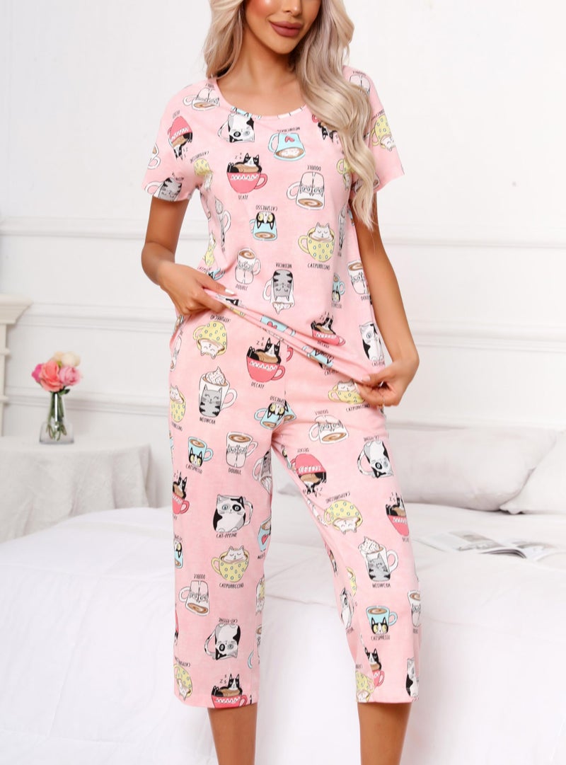 PNAEONG Womenâ€™s Pajama Set - Sleepwear Tops with Capri Pants Casual and Fun Prints Pajama Sets SY215-Cup Cats-S - Image 2